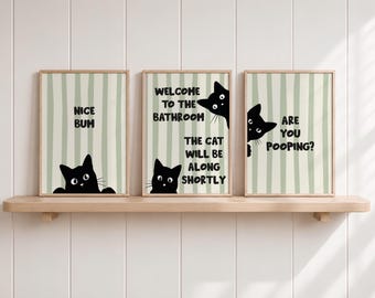 Funny Cat Bathroom Print Set, Quirky Black Cat Wall Art (Set of 3)