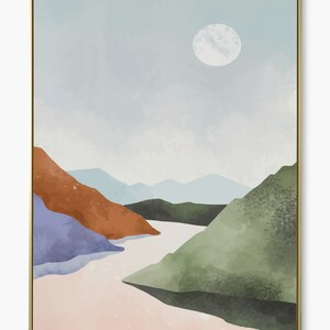 Pode incluir: Pintura abstrata de paisagem em estilo aquarela. A pintura apresenta um c&eacute;u azul claro com uma lua branca, e uma s&eacute;rie de montanhas em tons de verde, azul, roxo e laranja. As montanhas est&atilde;o dispostas de forma a sugerir um rio ou vale que flui atrav&eacute;s delas.