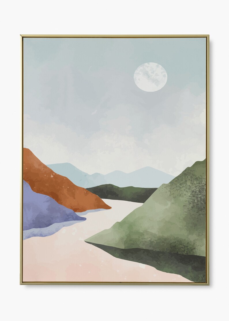 Pode incluir: Pintura abstrata de paisagem em estilo aquarela. A pintura apresenta um c&eacute;u azul claro com uma lua branca, e uma s&eacute;rie de montanhas em tons de verde, azul, roxo e laranja. As montanhas est&atilde;o dispostas de forma a sugerir um rio ou vale que flui atrav&eacute;s delas.
