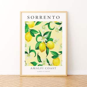 May include: A framed print with a yellow background featuring a watercolor illustration of lemons and white flowers. The text "SORRENTO AMALFI COAST ALBERO DI LIMONE" is printed in black at the top and bottom of the print.