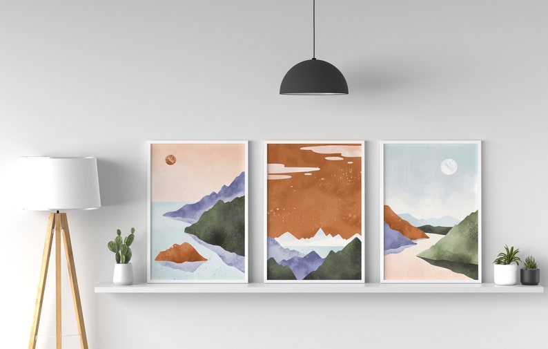 Boho Landscape Wall Art, Scandi Wall Art, Set of 3 Wall Art, Abstract Art, Blue & Rust Wall Art, Nordic Home Decor, Scenic Print imagem 1