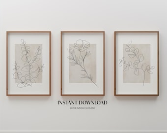 Neutral Wall Art, Botanical Prints, Set of 3 Prints, Plants Wall Art, Floral Line Art, Beige Decor, Neutral Wall Decor, Flower Art, Beige