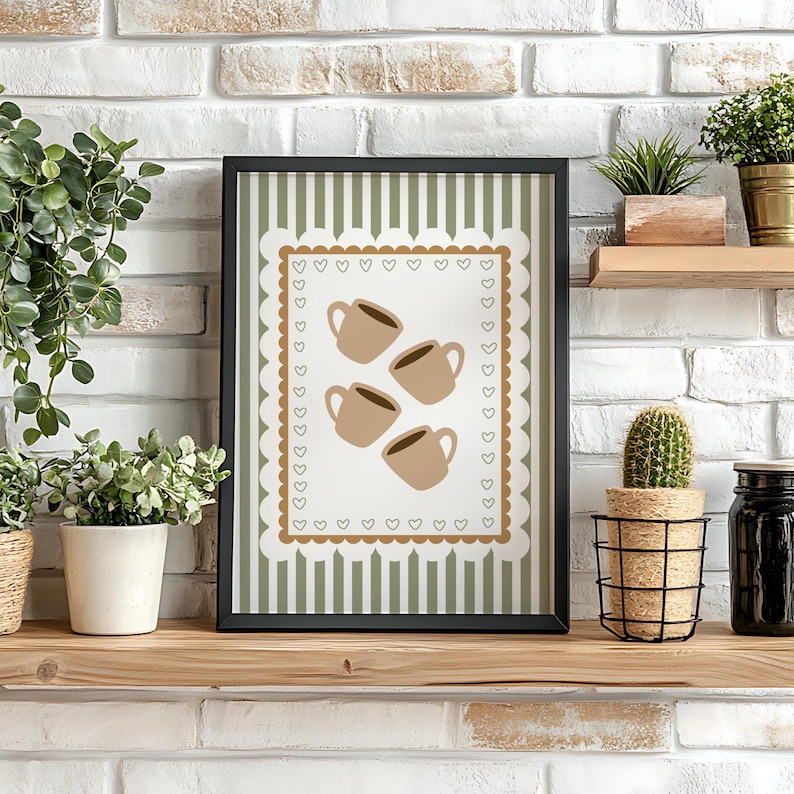May include: A framed art print featuring a coffee-themed design. The artwork showcases four brown coffee mugs on a white background, framed by a scalloped border with hearts. The background has vertical green stripes.