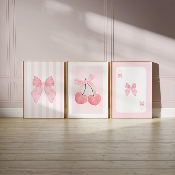 Pink Bows Wall Art, Coquette Wall Art, Girly Wall Prints, Cherries Print, Set of 3 Prints, Trendy Prints, Aesthetic Print, Modern Art