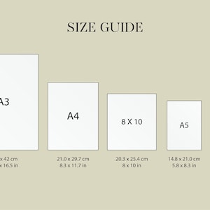 Puede incluir: Gu&iacute;a de tallas con dimensiones para impresiones A3 (29,7 x 42 cm), A4 (21,0 x 29,7 cm), 8 x 10 in (20,3 x 25,4 cm), A5 (14,8 x 21,0 cm) y 5 x 7 in (12,7 x 15,8 cm). El texto "SIZE GUIDE" est&aacute; en la parte superior.