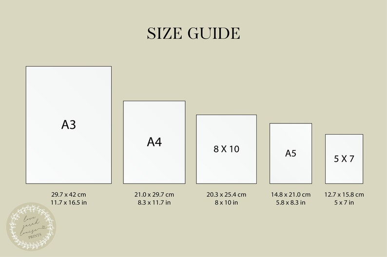Puede incluir: Gu&iacute;a de tallas con dimensiones para impresiones A3 (29,7 x 42 cm), A4 (21,0 x 29,7 cm), 8 x 10 in (20,3 x 25,4 cm), A5 (14,8 x 21,0 cm) y 5 x 7 in (12,7 x 15,8 cm). El texto "SIZE GUIDE" est&aacute; en la parte superior.