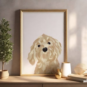 May include: A digital illustration of a light brown dog against a white background. The dog is looking directly at the viewer with its head tilted slightly to the side. The dog's fur is fluffy and its eyes are dark brown.