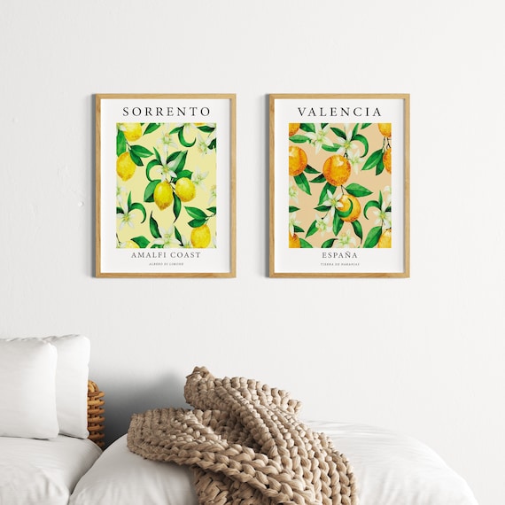 Set of 2 Fruit Wall Prints, Sorrento Print, Lemon Wall Art, Valencia Poster, Italy, Spain, Food Prints, Pop Art, Modern Art, Yellow, Orange