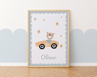 Blue Bear in Car, Personalised Name, Nursery Print, Toddler Bedroom, Playroom Decor, Nursery Decor, Playroom Prints For Kids, Boys Room