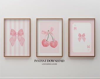 Pink Bows, Cherries Wall Art, Coquette Girly Prints, Aesthetic Modern Art, Trendy Set of 3 Prints, Cute Decor for Bedroom, Preppy Wall Art