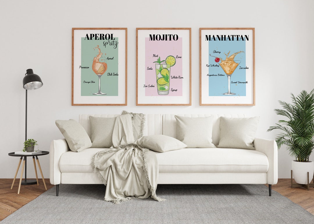 printable kitchen prints wall art, set of 6, hand... Cocktail Prints, Set of 3 Prints, Cocktail Recipe Print, Bar Decor ...