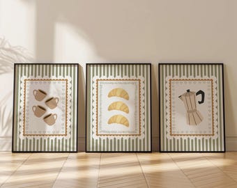 Juego de 3 láminas de cocina, arte mural de rayas, impresión de croissant, arte mural de desayuno, arte de cocina, decoración de comedor, póster de comida, arte maximalista