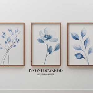 Set of 3 Blue Floral Wall Prints, Blue Botanical Art, Blue Wall Art, Aesthetic Prints, Blue Wall Decor, Living Room Art, Digital Download