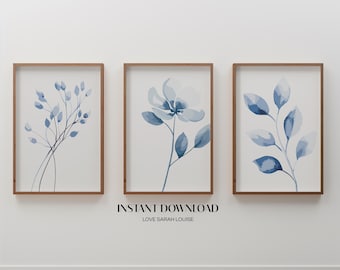 Set of 3 Blue Floral Wall Prints, Blue Botanical Art, Blue Wall Art, Aesthetic Prints, Blue Wall Decor, Living Room Art, Digital Download