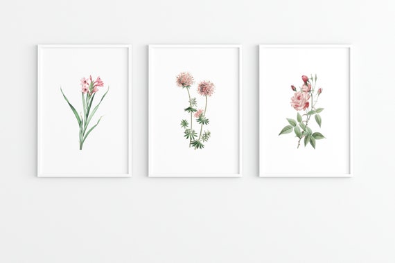 Pink Floral Prints, Set of 3, Flower Prints, Rose Print, Botanical Wall Art, Flower Bouquet Print, Nature Wall Art, Home Prints