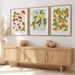 Conjunto de 3 láminas de frutas, arte mural veraniego, lámina de fresas, limón y naranjas, arte para la cocina, decoración para el comedor, póster de comida, arte mural luminoso
