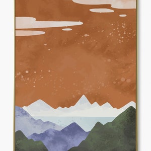 Pode incluir: Impress&atilde;o de arte abstrata com uma paisagem com um c&eacute;u castanho, nuvens brancas e uma cordilheira em tons de azul, verde e branco. A impress&atilde;o &eacute; emoldurada em uma moldura dourada.
