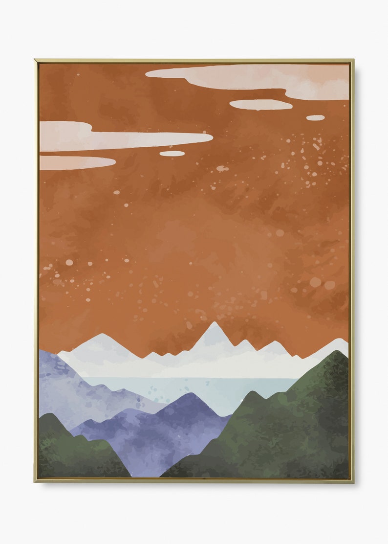 Pode incluir: Impress&atilde;o de arte abstrata com uma paisagem com um c&eacute;u castanho, nuvens brancas e uma cordilheira em tons de azul, verde e branco. A impress&atilde;o &eacute; emoldurada em uma moldura dourada.