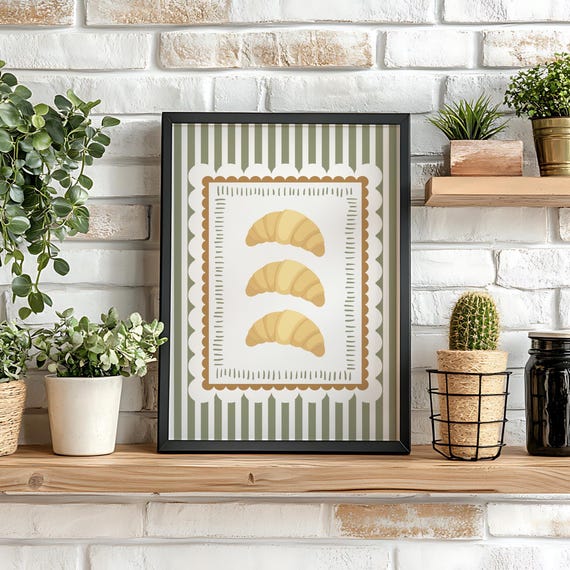 Croissant Print, Striped Kitchen Wall Art, Retro Kitchen, Home Decor, Cafe Bar, Trendy Kitchen Poster, Vintage Style, Breakfast Wall Art