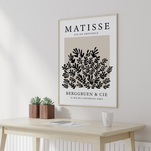 May include: A black and white art print featuring a stylized floral design with the text "MATISSE AIX-EN-PROVENCE BERGGRUEN & CIE 70, RUE DE L'UNIVERSITE, PARIS".