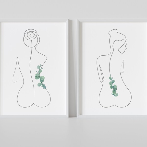 Grey Line Drawing Woman, Set of 2, Line wall art, Naked Woman, Botanical Print Set, Home Prints, Leaf Prints, Bathroom art, Bedroom Prints