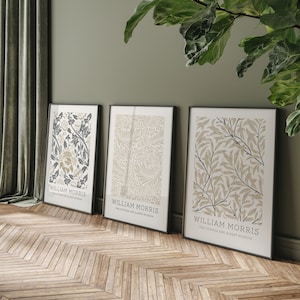 May include: Three framed prints with botanical illustrations in shades of beige and gray. The prints feature the text "William Morris" and "The Victoria and Albert Museum".