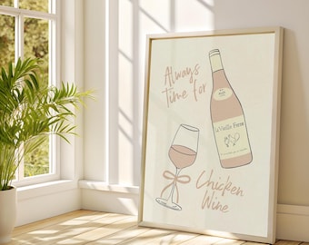 Chicken Wine Wall Art, Wine Lovers, Girly Illustration, Girls Night, Wine Poster, Fun Kitchen Print, Rose Wine, Trendy Print, Alcohol Print