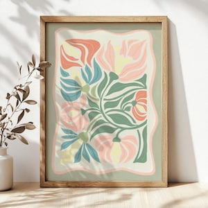 Dessin abstrait de fleurs, dessinés à la main, fleurs imprimées, impression d'art floral, art maximaliste, décoration d'intérieur colorée, décoration botanique, art floral