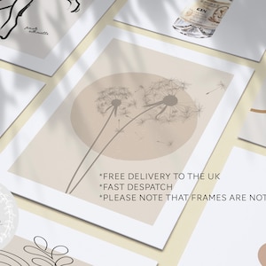 May include: Set of five minimalist art prints featuring abstract line drawings and dandelion illustrations in beige and brown tones. The prints have a white border and are displayed on a light beige surface. The text "*FREE DELIVERY TO THE UK *FAST DESPATCH *PLEASE NOTE THAT FRAMES ARE NOT INCLUDED" is visible at the bottom of one of the prints.