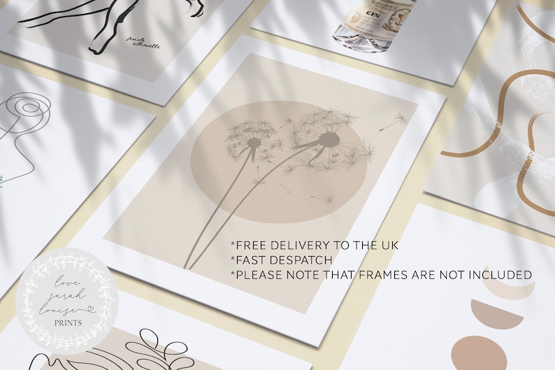 May include: Set of five minimalist art prints featuring abstract line drawings and dandelion illustrations in beige and brown tones. The prints have a white border and are displayed on a light beige surface. The text "*FREE DELIVERY TO THE UK *FAST DESPATCH *PLEASE NOTE THAT FRAMES ARE NOT INCLUDED" is visible at the bottom of one of the prints.