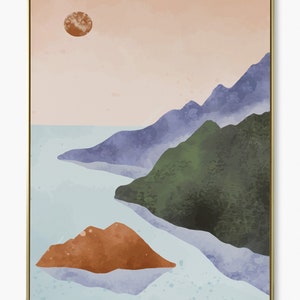 Pode incluir: Uma pintura em aquarela de uma paisagem com montanhas, um corpo de &aacute;gua e uma pequena ilha. O c&eacute;u &eacute; de um rosa e laranja suave, e as montanhas s&atilde;o uma mistura de azul, verde e roxo. A &aacute;gua &eacute; de um azul claro, e a ilha &eacute; de um laranja enferrujado.