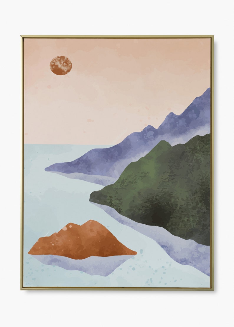 Pode incluir: Uma pintura em aquarela de uma paisagem com montanhas, um corpo de &aacute;gua e uma pequena ilha. O c&eacute;u &eacute; de um rosa e laranja suave, e as montanhas s&atilde;o uma mistura de azul, verde e roxo. A &aacute;gua &eacute; de um azul claro, e a ilha &eacute; de um laranja enferrujado.