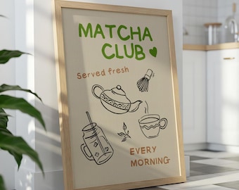 Matcha Wall Print, Cute Kitchen Print, Retro Style, Tea Wall Art, Kitchen Decor, Matcha Lover Gift, Coffee Bar, Green Tea, Aesthetic Kitchen