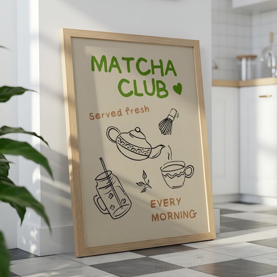 Matcha Wall Print, Cute Kitchen Print, Retro Style, Tea Wall Art, Kitchen Decor, Matcha Lover Gift, Coffee Bar, Green Tea, Aesthetic Kitchen
