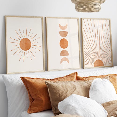 Arte de pared bohemio, juego de 3 impresiones: sol, fases lunares, sol bohemio, atardecer, naranja, terracota, decoración de pared bohemia.