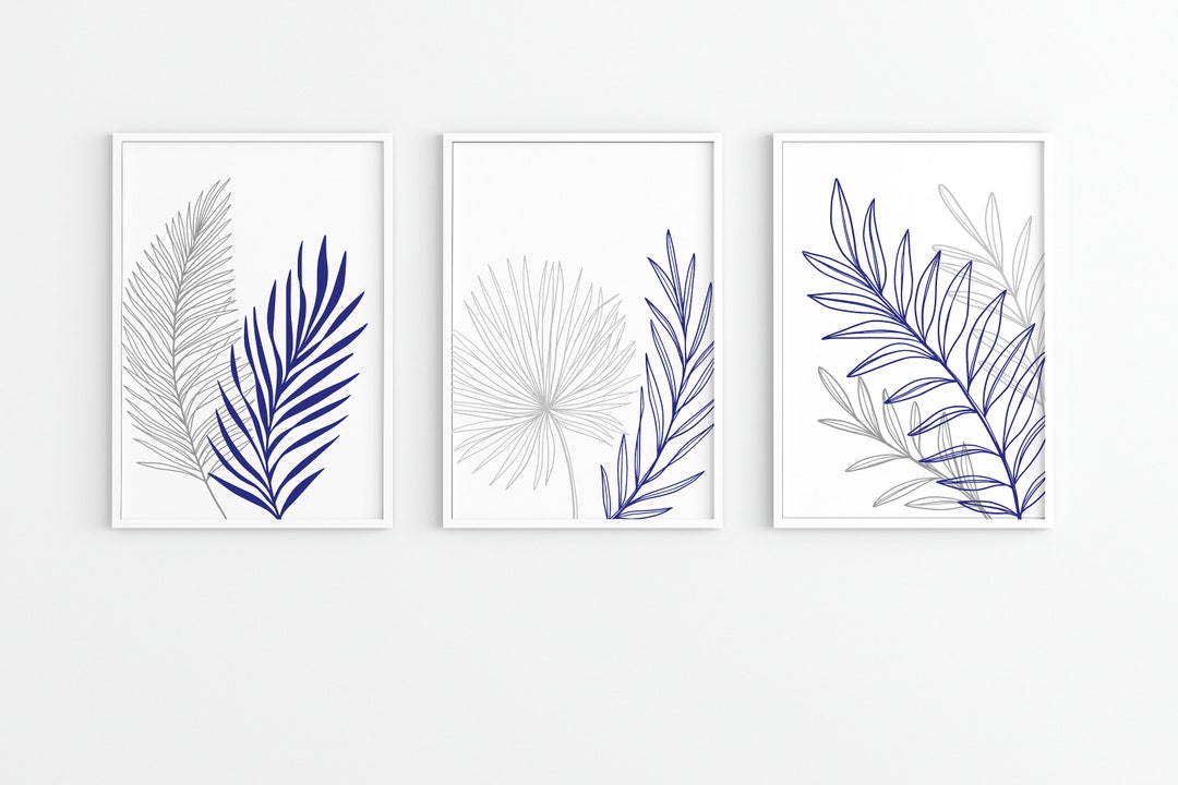 Blue Leaf Prints, Set of 3, Botanical Art, Leaf Wall Art, Grey Prints ...