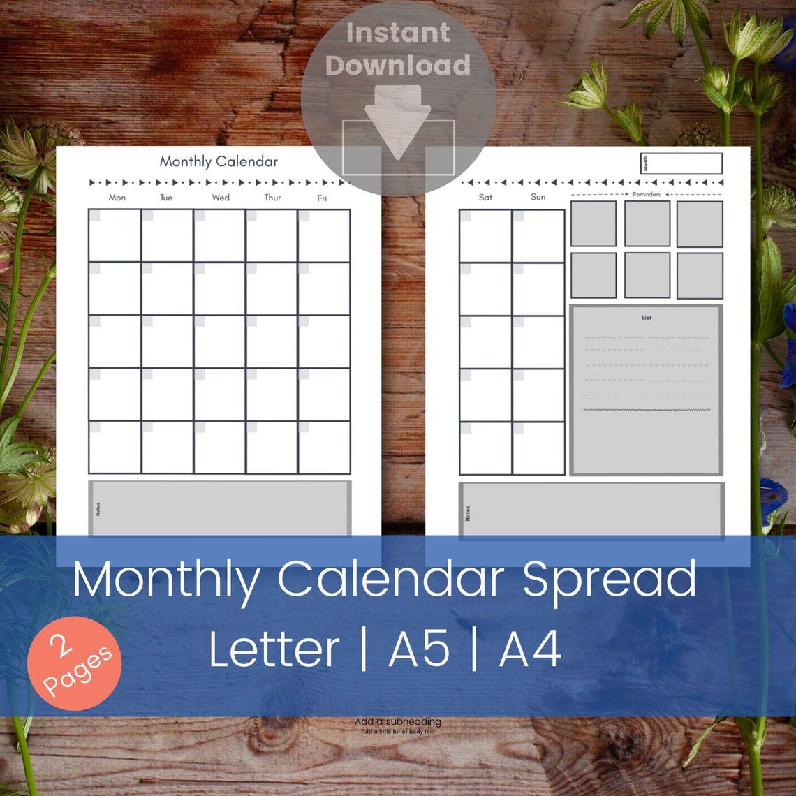 Monthly Calendar Spread Planner Pages Monthly Planner Digital Download ...