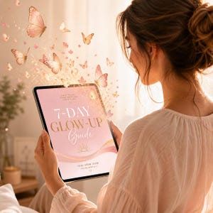 Puede incluir: Una persona sostiene una tableta con un diseño rosa y dorado de "7-Day Glow-Up Guide". La imagen presenta mariposas y una paleta de colores cálidos, sugiriendo bienestar y autocuidado.
