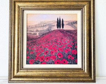 Steve Thoms Poppy Fields Framed Art Vintage 20x20 Tuscan Landscape Painting Gold