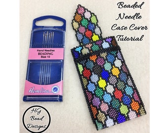 May include: A beaded needle case cover tutorial featuring a colorful, geometric design. The cover is made with small beads in various colors, including red, blue, green, yellow, and purple. The case is black and has a zipper closure. The image also includes a package of beading needles.