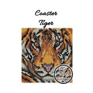 May include: A beaded coaster featuring a close-up of a tiger's face. The tiger has orange, black, and white stripes. The coaster is made by HG Bead Designs.