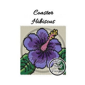 May include: A beaded coaster featuring a purple hibiscus flower with green leaves. The coaster is square and has a white background. The text "HG Bead Designs" is in a circle at the bottom right corner.