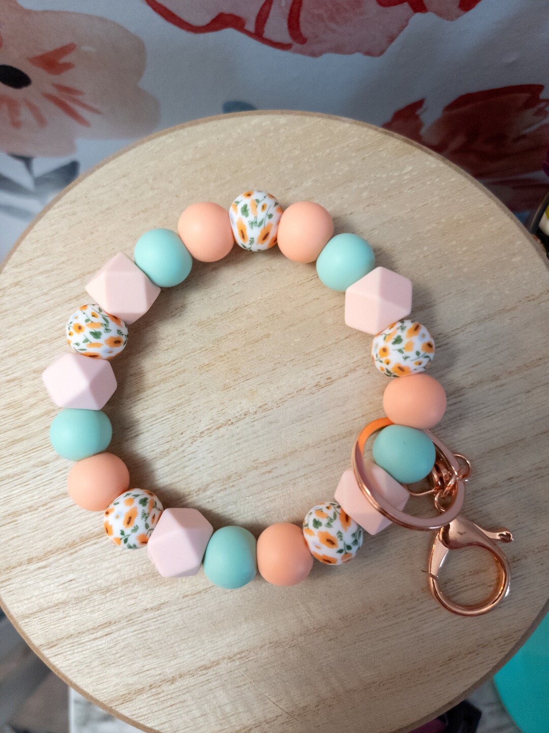 Floral Pastel Wristlet Keychain Cute Wristlet Keychain Orange Floral