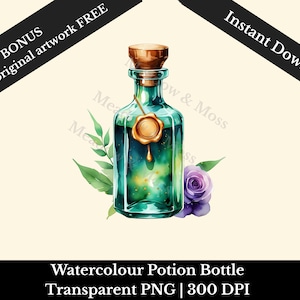 Watercolor Potion Bottle Clipart | Fantasy Sticker PNG | Transparent 300 DPI | Romantasy Witchy Planner Sticker