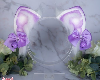 White & Lilac Kitten Ears Headband, White Cat Ears, Cosplay Ears, Animal Ears, Faux Fur Ears, Costume Ears, Animal Headband, Cat Ears