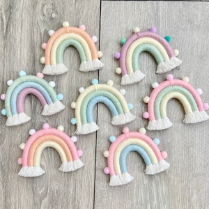 Rainbow Macrame Car Mirror Hanger / Car Charm / Macrame Rainbow / Hanging Car Accessory / Nursery Wall Hanging / Pastel Rainbow / Pom Poms