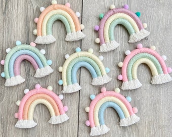 Rainbow Macrame Car Mirror Hanger / Car Charm / Macrame Rainbow / Hanging Car Accessory / Nursery Wall Hanging / Pastel Rainbow / Pom Poms