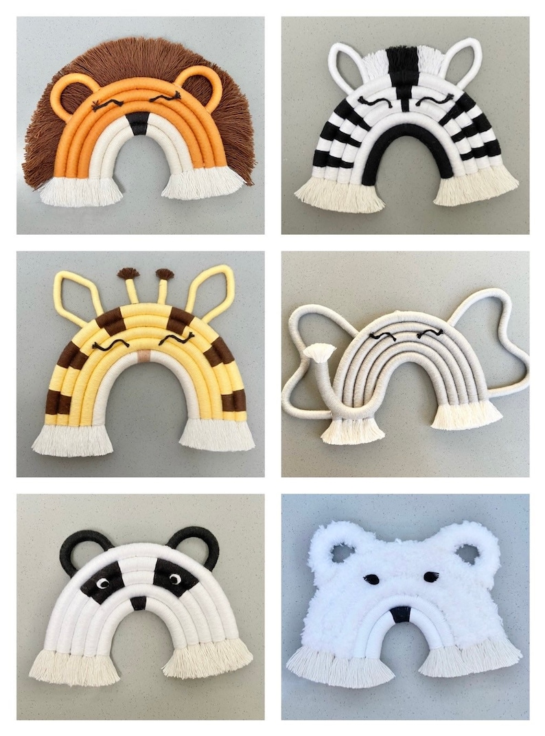 Puede incluir: Seis arco&iacute;ris de macram&eacute; coloridos con caras de animales. Cada arco&iacute;ris est&aacute; hecho con hilo de diferentes colores y tiene una cara de animal &uacute;nica. Los animales incluyen un le&oacute;n, una cebra, una jirafa, un elefante, un panda y un oso polar.