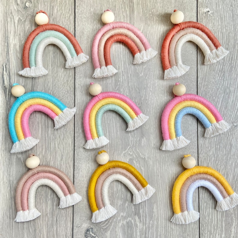 Rainbow Macrame Car Mirror Hanger \/ Car Charm \/ Essential Oil Diffuser \/ Hanging Car Accessory \/ Nursery Wall Hanging \/ Rainbow Macrame