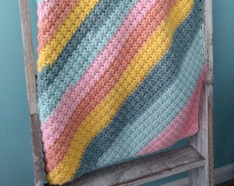 Ready to Ship Handmade Baby Blanket, Crocheted Lap Blanket, Striped Toddler Blanket, Crib Blanket, Baby Shower Gift, Present for New Mom